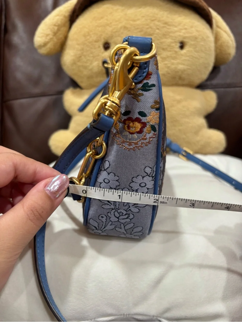 Tory Burch Blue Floral Embroidered Shoulder Bag with Gold Colored Hardware